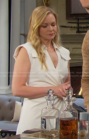 Belle's white padded shoulder wrap dress on Days of our Lives