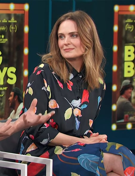 Emily Deschanel's black floral print dress on Access Hollywood