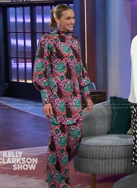 Brianne Howey's floral print dress and pants on The Kelly Clarkson Show