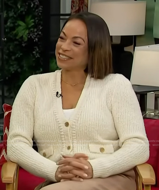 Daphnee Duplaix's white cardigan on Access Hollywood
