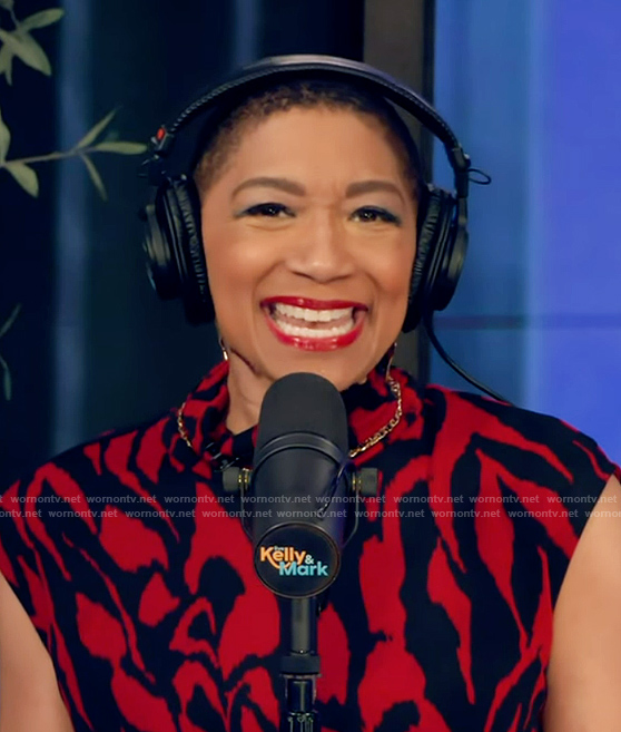 Deja Vu's red printed mock neck top on Live with Kelly and Mark