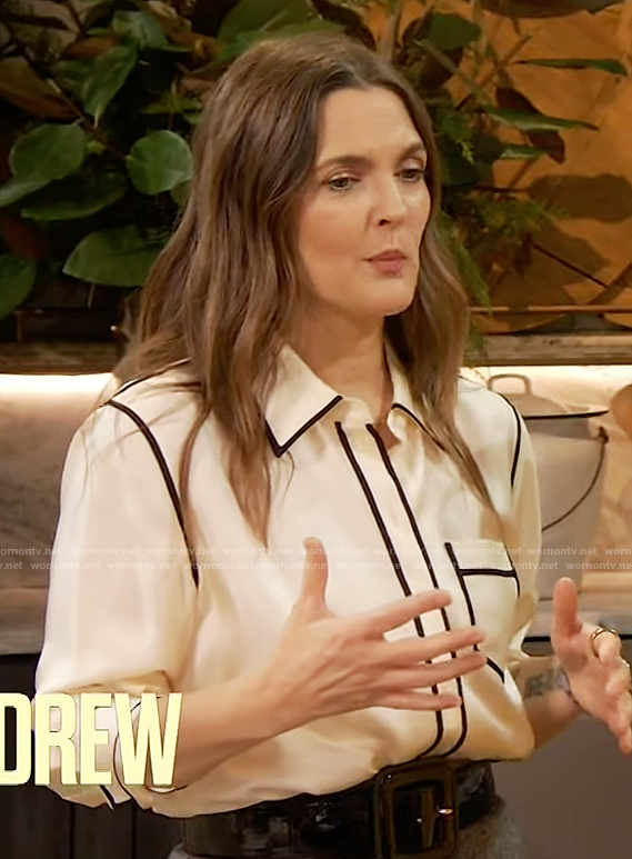 Drew's white piping trim blouse on The Drew Barrymore Show