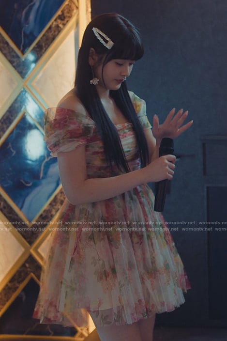 Eunice's floral print sheer mini dress on XO Kitty