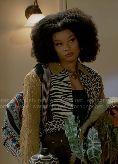 Eva's fringed animal print jacket on Beyond the Gates