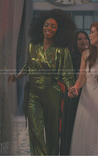 Helen's green metallic jumpsuit on Sweet Magnolias