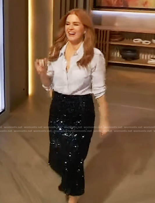 Isla's sequin skirt and gingham check top on The Drew Barrymore Show