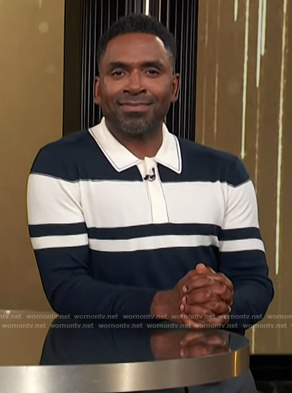 Justin's blue striped polo sweater on E! News