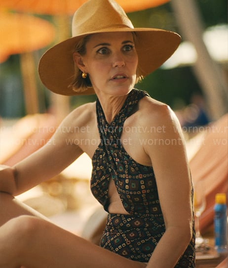 Kate's printed criss cross swimsuit on The White Lotus