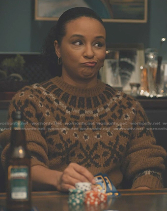Kaya's brown fair lsle sweater on Elsbeth