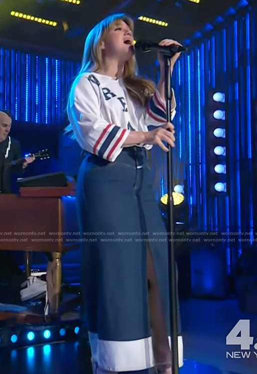 Kelly's white dreamer shirt and denim skirt on The Kelly Clarkson Show