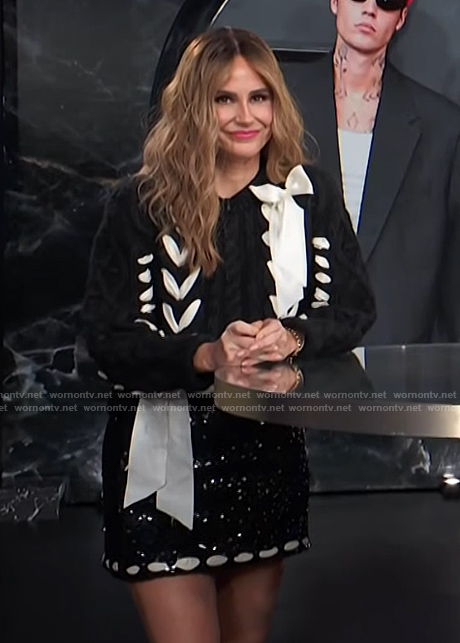 Keltie's black embellished lace-up sweater and skirt on E! News