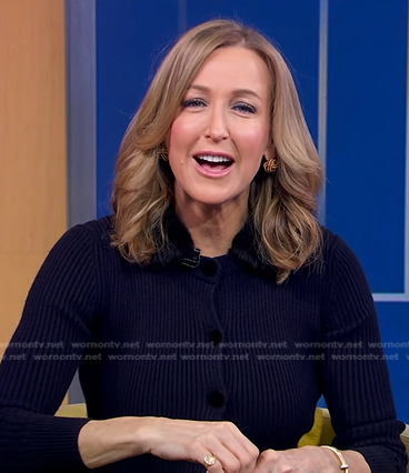 Lara's navy ribbed fur-collar cardigan on Good Morning America