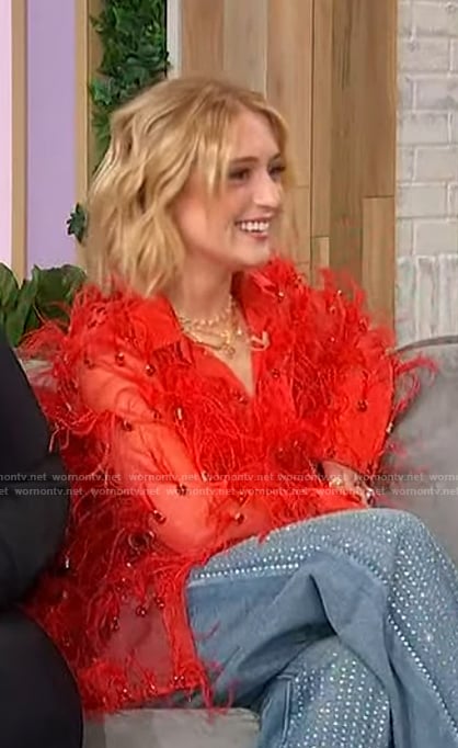 Lizze Broadway's feather trim blouse on Sherri
