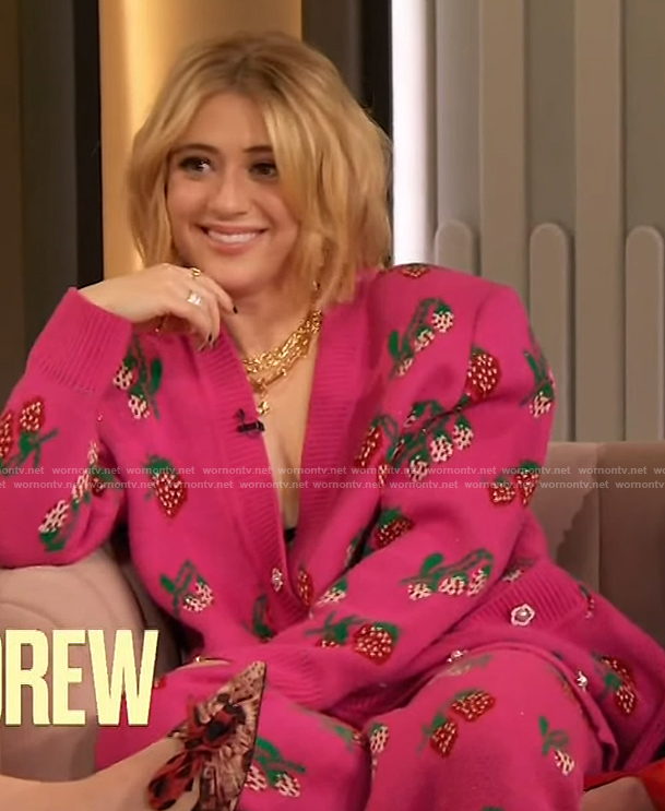 Lizze Broadway's pink strawberry print cardigan on The Drew Barrymore Show