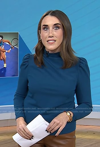 Maggie's teal puff sleeve mock neck top on Today