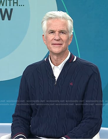Matthew Modine's navy cable knit zip sweater on Today