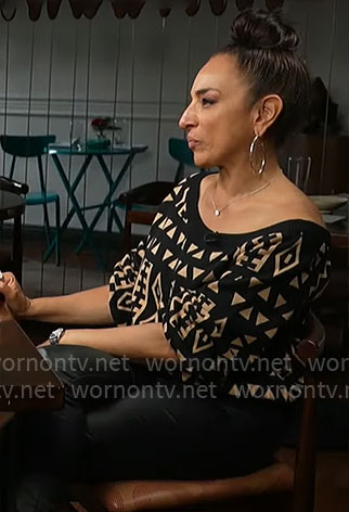 Michelle Miller's beige and black printed sweater on CBS Mornings
