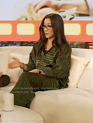 Michelle Yeoh's green satin croc print top and pants on The Drew Barrymore Show