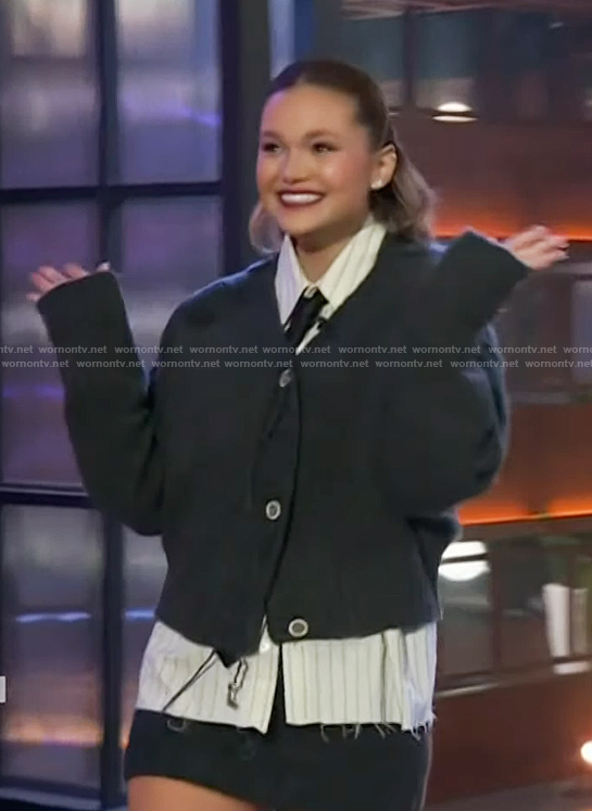 Olivia Holt's gray cardigan on The Kelly Clarkson Show