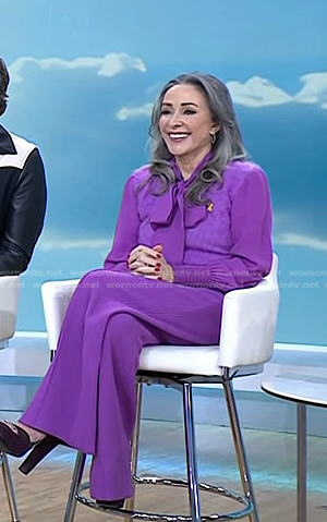 Patricia Heaton's purple tie neck blouse and mohair vest on Today