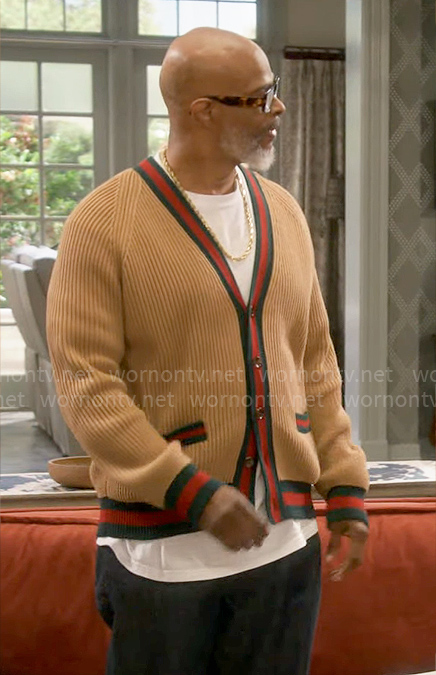 Poppa's camel ribbed cardigan with striped trims on Poppas House