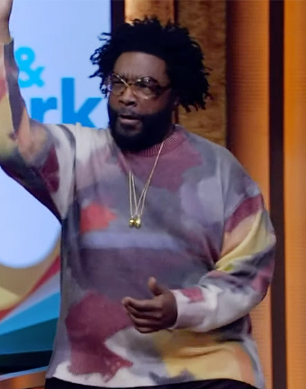 Questlove's abstract print sweater on Live with Kelly and Mark