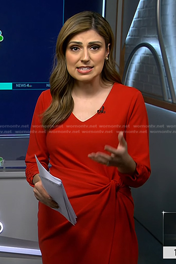 Rana Novini's red ruched sleeve dress on NBC News Daily