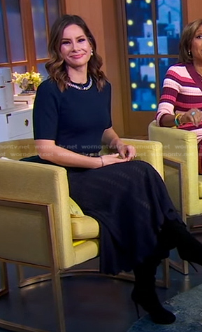 Rebecca's navy embellished neck sweater and knit skirt on Good Morning America