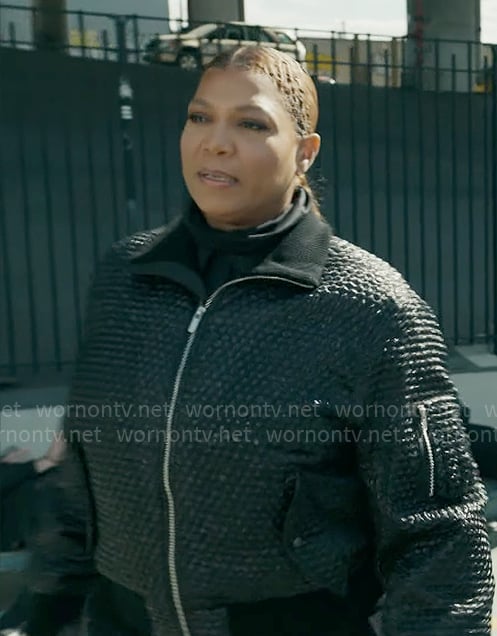 Robyn's black textured bomber jacket on The Equalizer