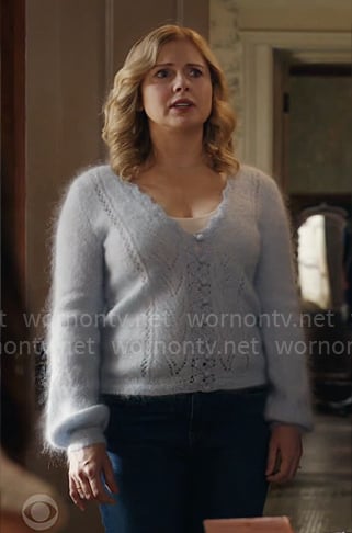 Sam's light blue fluffy cardigan on Ghosts
