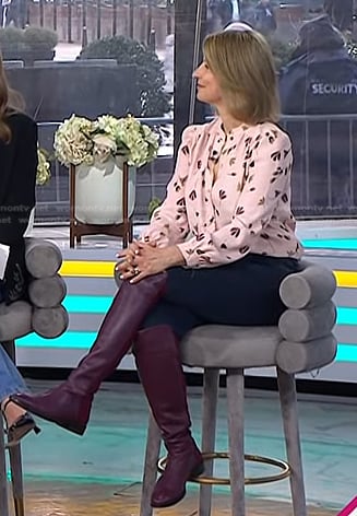 Samantha Brown's pink floral blouse and purple over the knee boots on Today