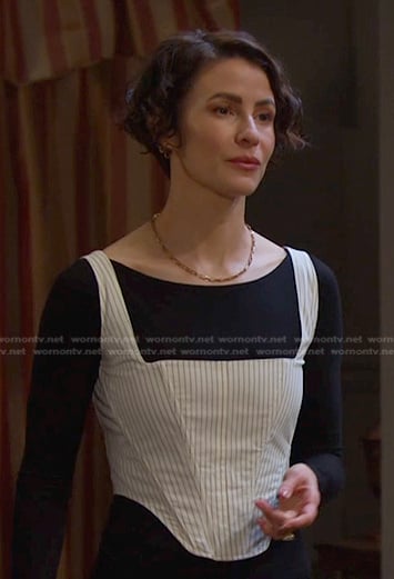 Sarah's white pinstripe corset top on Days of our Lives