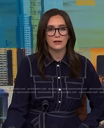 Savannah's navy tie waist dress with white stitching on NBC News Daily