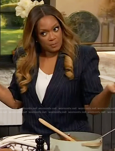Sunny Anderson's navy pinstripe blazer on The Drew Barrymore Show