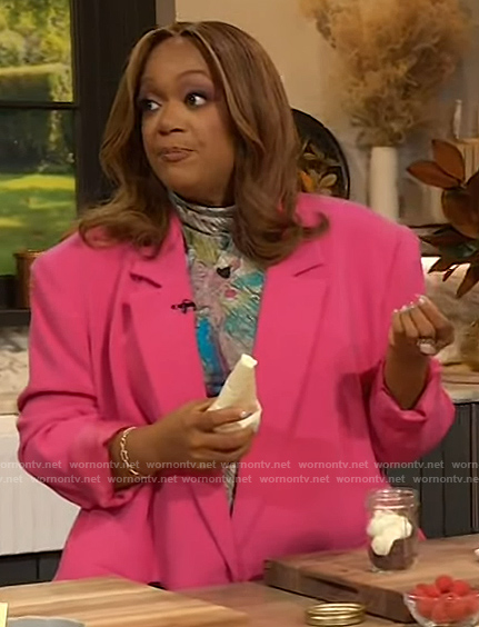 Sunny Anderson's printed mesh turtleneck top on The Drew Barrymore Show