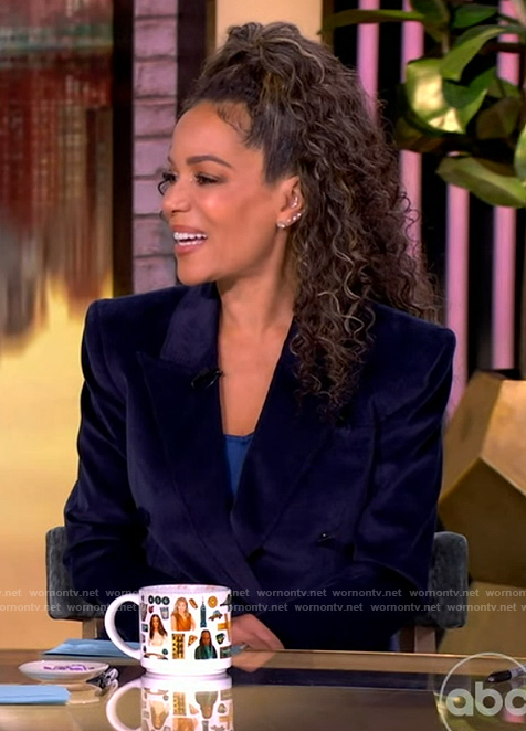 Sunny's navy corduroy double breasted blazer and pants on The View