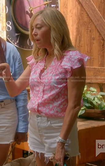 Sutton's pink printed ruffle top on The Real Housewives of Beverly Hills