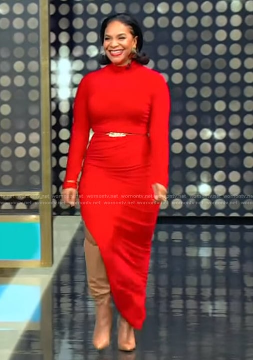 Teedra Moses's red asymmetric dress on Tamron Hall Show