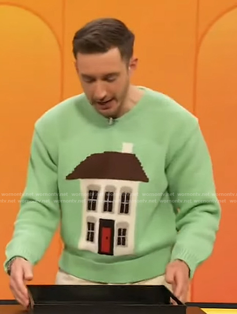 Will Taylor's green house print sweater on The Drew Barrymore Show