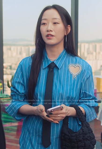 Yuri's blue striped heart embellished shirt on XO Kitty