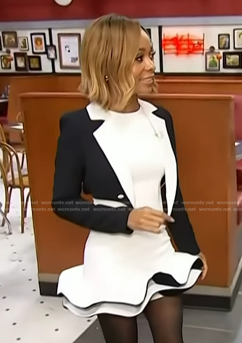 Zuri's contrast ruffle dress and blazer on Access Hollywood