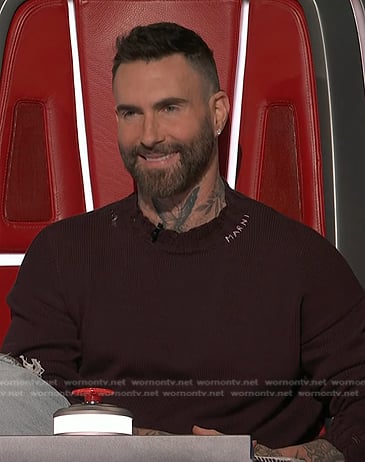 Adam Levine's burgundy distressed knit sweater on The Voice