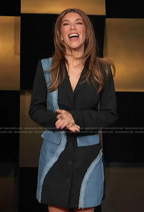 Adrianna Costa's denim mixed media dress on Access Hollywood