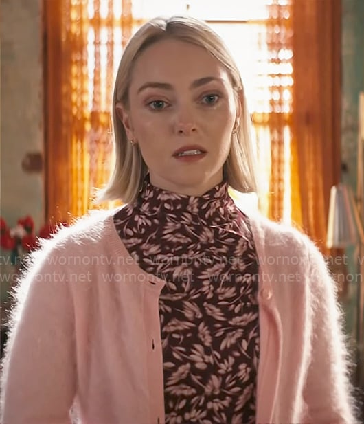 Alice's burgundy floral mock-neck top and pink fluffy cardigan on Grosse Pointe Garden Society