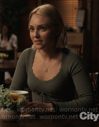 Alice's olive green scalloped top on Grosse Pointe Garden Society