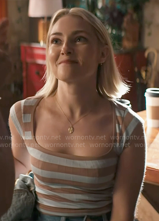 Alice's blue and brown striped top on Grosse Pointe Garden Society