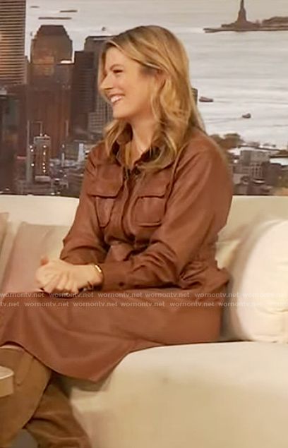Alison Hall's brown leather shirtdress on The Drew Barrymore Show