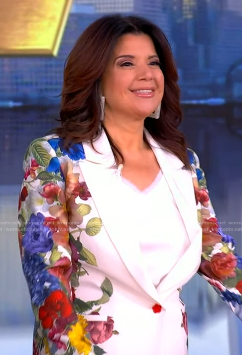 Ana's white floral print blazer and pants on The View