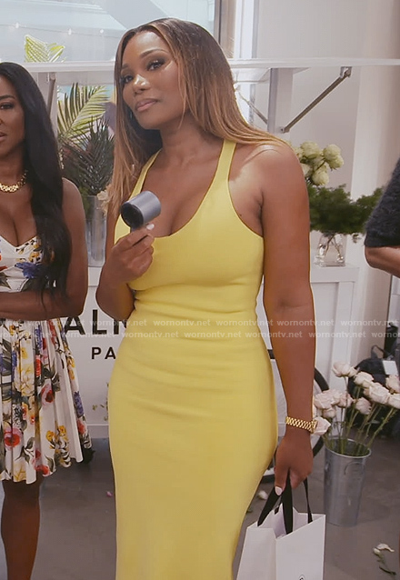 Angela's yellow scoop neck dress on The Real Housewives of Atlanta