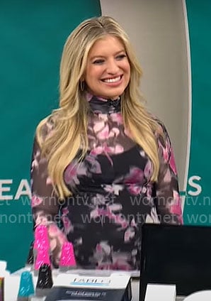 Ashley Bellman's black and pink floral mesh dress on CBS Mornings